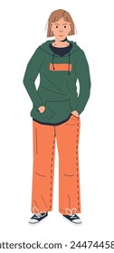 Woman in Casual Clothes Isolated. Modern Girl in Hoodie and Flared Jeans. Female Character in Casual Clothing. Short Hair Tomboy in Everyday Outfit. Cartoon Flat Vector Illustration