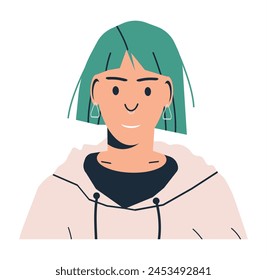 Woman in Casual Clothes Isolated. Modern Girl in Hoodie and Jeans. Female Character in Casual Clothing. Green Short Hair Tomboy in Everyday Outfit. Cartoon Flat Vector Illustration