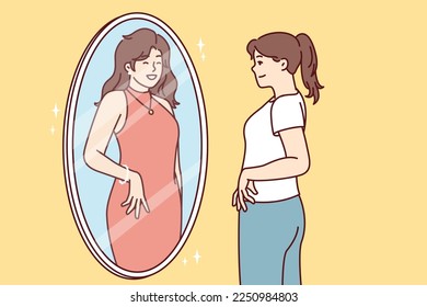 Una mujer vestida de forma casual mira en el espejo y ve a una chica reflexiva con un hermoso vestido nocturno. Una dama soñadora fantasea sobre comprar ropa nueva para ir a un evento de vacaciones. Diseño vectorial plano 