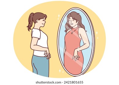 Woman in casual clothes looks in mirror and sees in reflection girl in beautiful evening dress. Dreamy lady fantasizes about buying new evening attire to go to holiday event. Flat vector design