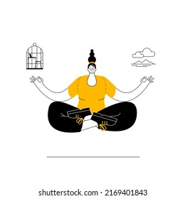 A woman in casual clothes meditates in the lotus position and chooses between a cage and freedom. Vector two-color illustration on the theme of relaxation and balance in life.