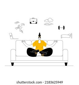 A woman in casual clothes meditates on the couch and looks for a balance between work and rest. Vector two-color illustration on the theme of relaxation and balance in life.