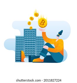 A woman in casual clothes is mining bitcoin against the background of servers. Vector illustration on the topic of cryptocurrencies.