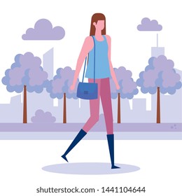 woman with casual clothes and purse with hairstyle