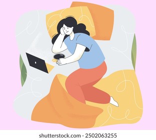 Woman in casual clothes relaxing, drinking coffee in bed, using laptop. Girl working or having rest in bedroom on Sunday flat vector illustration. Work from home, cozy atmosphere, life style concept