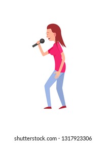 Woman in casual clothes singing song with microphone. Flat character, solo concert, side view of standing artist, musical performance of girl vector