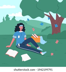 Mujer con ropa informal sentada en el césped al aire libre en el bosque o en el parque de la ciudad ilustración de dibujos planos vectoriales. Estilo de vida saludable, activo y tranquilo, relajante en verano. Niña mirando mariposas.