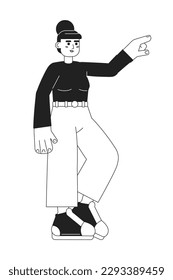 Woman in casual clothes and sneakers showing direction monochromatic flat vector character. Editable thin line full body person on white. Simple bw cartoon spot image for web graphic design, animation