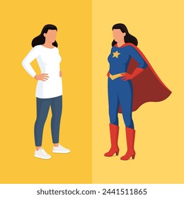 Woman with casual clothes and with superhero costume, identity and empowerment concept