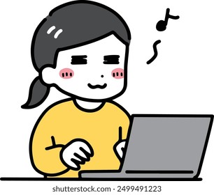 A woman in casual clothes using a computer with a smile