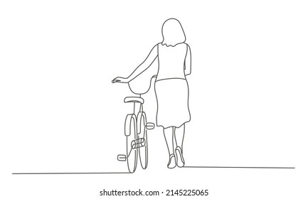 Woman in casual clothes walks next to a bicycle. Hand drawn vector illustration. Black and white.