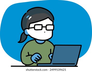A woman in casual clothes wearing glasses who uses a computer in the dark