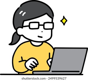 A woman in casual clothes wearing glasses who uses a computer