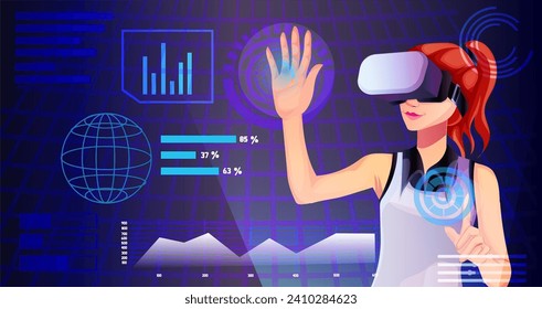 Frauen in Gelegenheitskleidung mit VR Google berührend virtuelle Realität Weltraum, digitale Schnittstelle Hologramm, Netzwerk-Technologie, abstrakter Cyberspace, futuristische Wissenschaft. Vektorgrafik