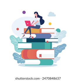 Woman in casual clothes working on laptop computer while sitting on books. Flat style vector illustration.