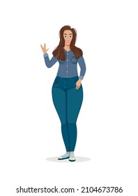 Woman in casual clothes. Young girl shows trendy gesture. Greetings and entertainment. Finger tricks for children and adolescents. Cartoon flat vector illustration isolated on white background