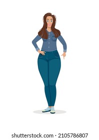 Woman in casual clothes. Young girl shows down. Adorable character for ad banners. Seller demonstrates product with special offer. Cartoon flat vector illustration isolated on white background