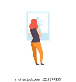 Woman in casual clothing looking at the painting hanging on the wall, female exhibition visitor viewing museum exhibit at art gallery, back view vector Illustration