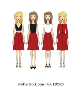  woman in casual clothing. skirt. blouse. top. shoes. sandals. blonde. bright lips.