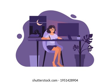 Woman in casual dress working on computer at night in her residence, vector illustration