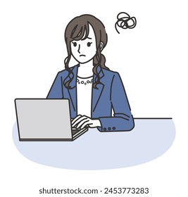 A woman in a casual office outfit is having trouble while using a computer