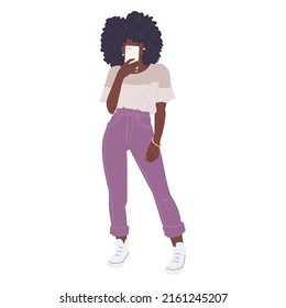 Woman In Casual Outfit With Cell Phone Covering Face, Isolated Vector Illustration. Wall Art, Card, T-shirt Design Element. 