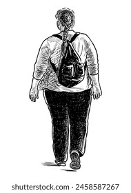 Woman casual overweight back view walking alone outdoor, braid, backpack, realistic sketch vector hand drawn illustration isolated on white