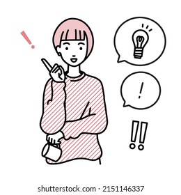 a woman in casual style getting a great idea standing with pointing hand gesture light bulb and exclamation symbol set