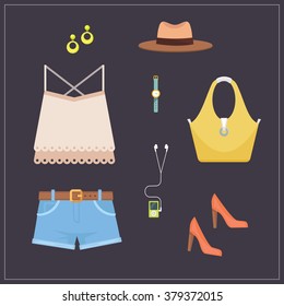 Woman casual style outfit set of clothes - flat vector illustration