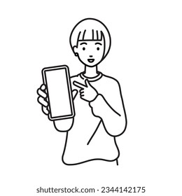 a woman in casual style recommending, proposing, showing and pointing smart phone mock-up screen with a smile