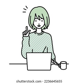 a woman in casual style using laptop computer getting ideas with pointing hand gesture at her desk with a mug