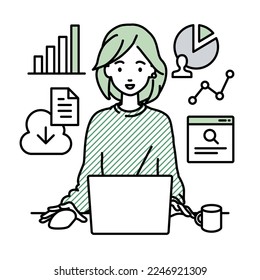 a woman in casual style using laptop computer for browsing web sites, researching, sharing files on cloud, analyzing, and making report at her desk with a mug