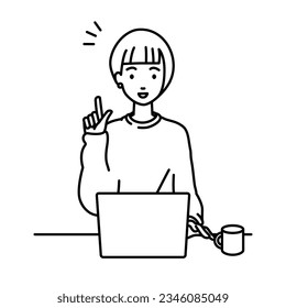 a woman in casual style using laptop computer getting ideas with pointing hand gesture at her desk with a mug