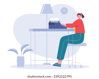 Mujer con camiseta informal en casa escribiendo una carta sobre máquina de escribir, con lámpara y plantas. Diseño de caracteres. Ilustración plana del vector