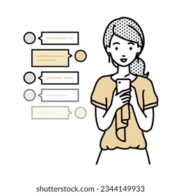 a woman in casual work style enjoying chat conversation via social network messenger standing and looking in smart phone in her hands