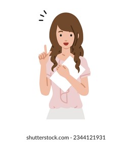 a woman in casual work style getting ideas standing with document pointing hand gesture