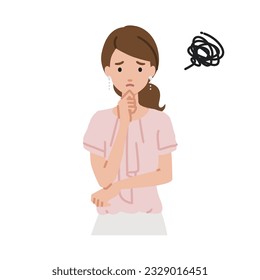 a woman in casual work style having trouble standing with her finger on her chin