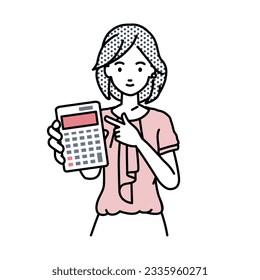 una mujer con estilo de trabajo casual recomendando, proponiendo, mostrando estimaciones y apuntando una calculadora con una sonrisa