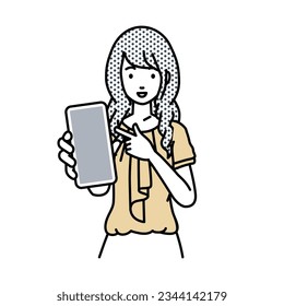 a woman in casual work style recommending, proposing, showing and pointing smart phone mock-up screen with a smile