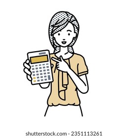 una mujer con estilo de trabajo casual recomendando, proponiendo, mostrando estimaciones y apuntando una calculadora con una sonrisa