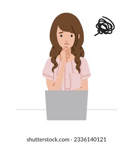 a woman in casual work style using laptop computer having trouble with her finger on her chin at her desk