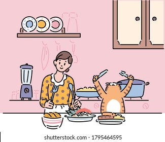 A woman and a cat are about to eat with a fork and knife. hand drawn style vector design illustrations. 