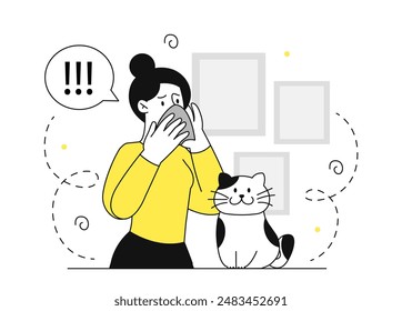 Woman with cat allergy. Young girl sneezes next to pet. Health problems and allergen reactions. Person suffer from allergy. Linear flat vector illustration isolated on white background