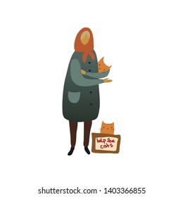 Woman with a cat asks for alms. Vector illustration on white background.