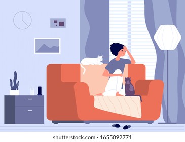 Woman and cat. Cartoon pet, young girl with animal in apartment. Home relax, comfortable rest interior. Lady and kittens vector illustration