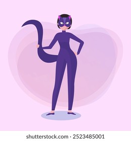 Woman in cat costume going to party. Halloween banner design. Celebration, holiday, carnival concept. Vector illustration for invitation or poster