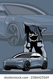 a woman in a cat costume with her favorite car.
This image combines a car object and a person in a unique costume.
This image is very suitable for 4-wheeled vehicle fans and can be used as decoration,