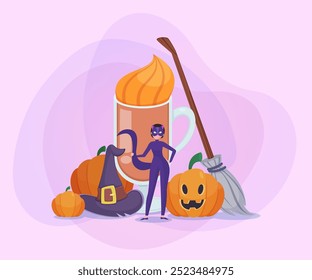 Woman in cat costume, huge glass with hot drink, pumpkins, witch hat and broom on abstract background. Halloween banner design. Celebration, party concept. Vector illustration for invitation or poster