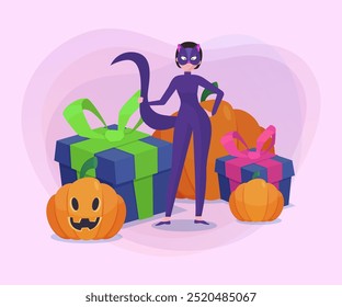 Woman in cat costume, pumpkins and gift boxes on abstract background. Halloween banner design. Halloween celebration, holiday, party concept. Vector illustration for invitation or poster