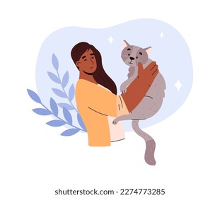 Woman with cat at decorative backdrop for veterinary or animal-assisted and emotional support therapy theme, flat vector illustration isolated on white background.